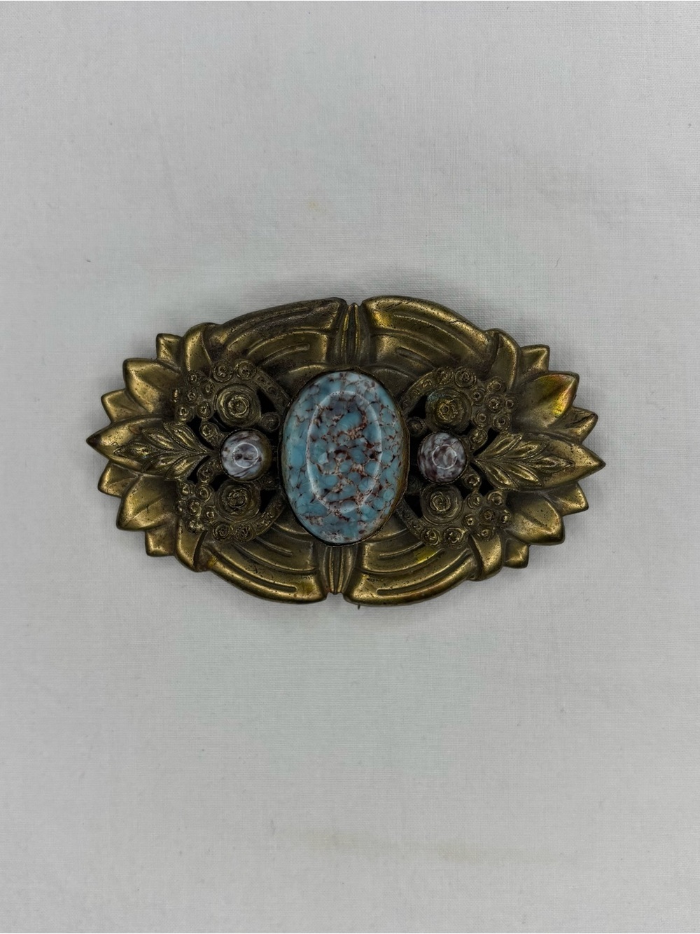 Vintage Brass Brooch Blue Stone Ornate Detailed Antique Lapel Pin